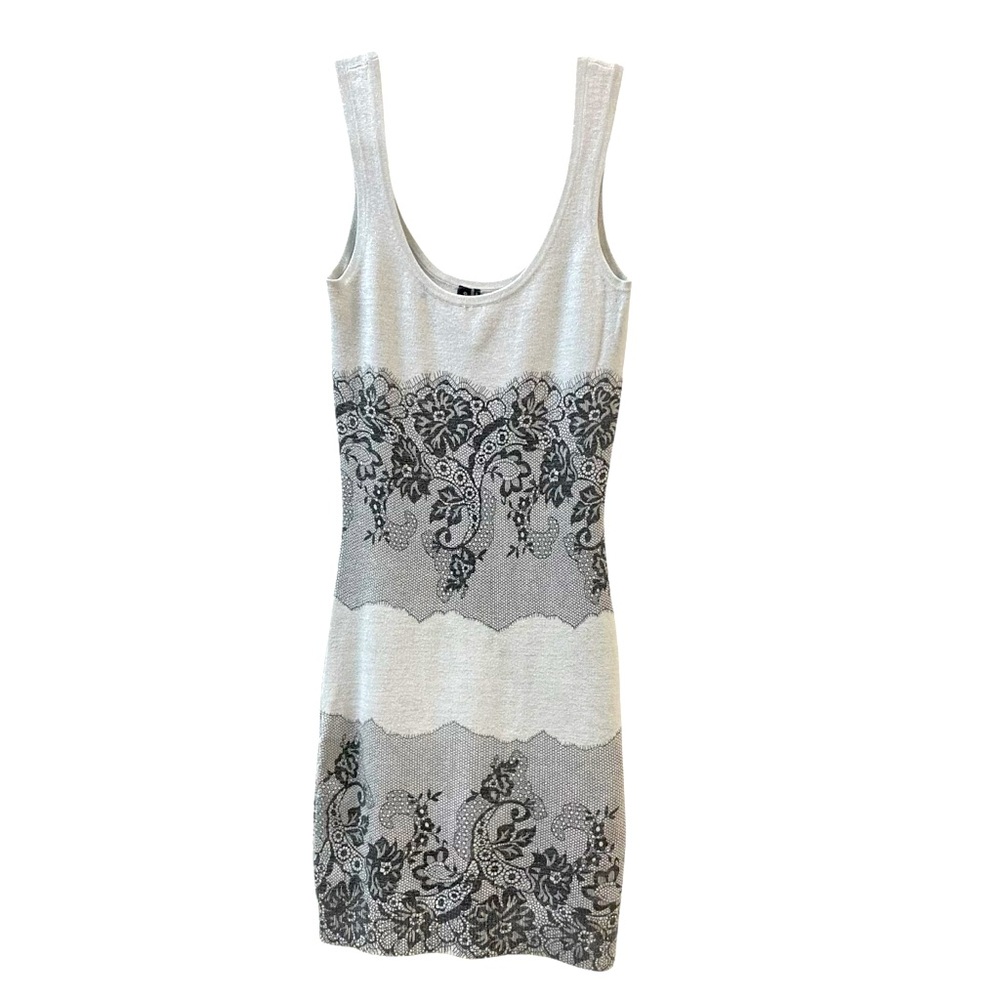 Guess silver shimmer tank dress, body con, black overlay lace design. Sz S, EU36